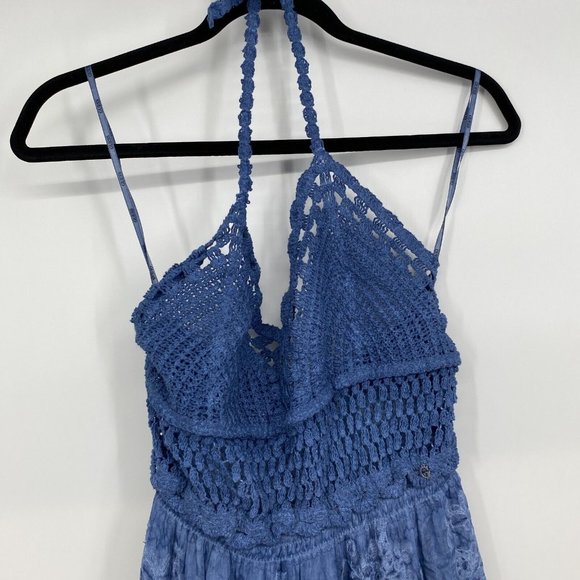 Guess Vanda Crochet V-neck Halter Silk Blend Long Dress Blue Womens Large - Picture 8 of 12